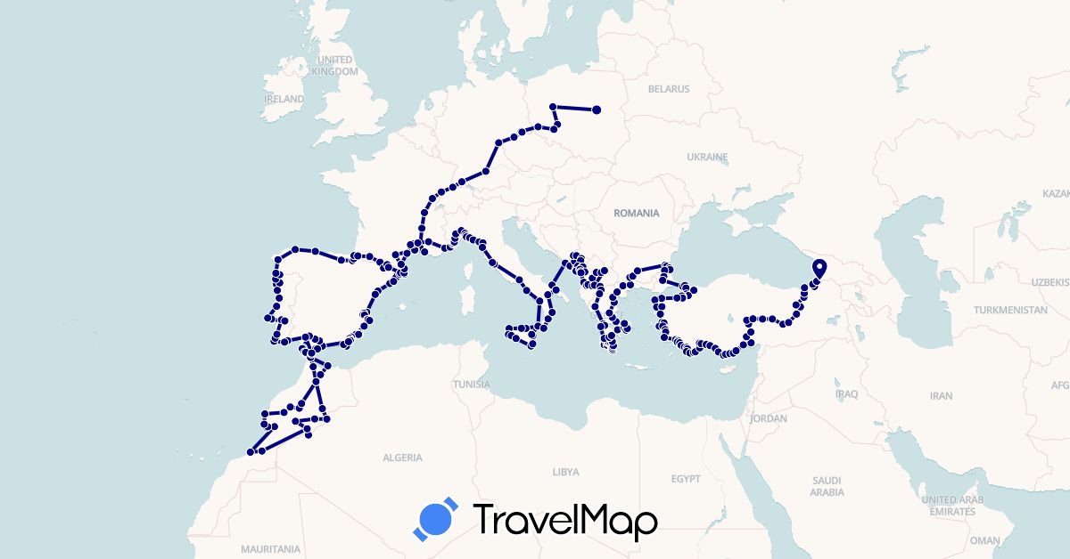 TravelMap itinerary: driving in Andorra, Albania, Bulgaria, Germany, Spain, France, Greece, Croatia, Italy, Morocco, Monaco, Montenegro, Macedonia, Poland, Portugal, Turkey (Africa, Asia, Europe)